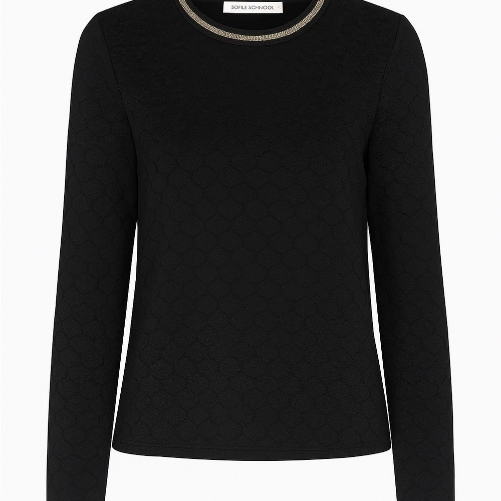 Sofie Schnoor Black Textured Sweater Small Gold Trim Quiet Luxury Minimalist